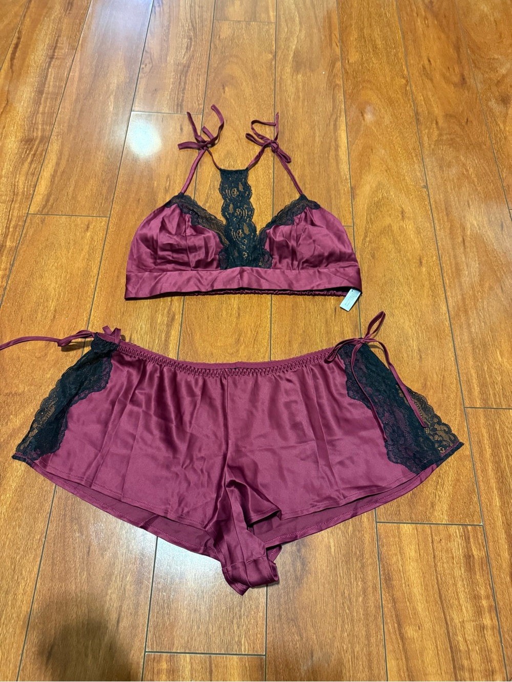 Adore Me Burgundy and Black Lace Satin Bralette & Shorts Set